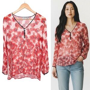 Chico’s 100% Silk Sheer Floral Blouse Size 1 (M) Red Poppy V-Neck Long Sleeve